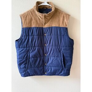 J.Crew Mens Puffer Vest Navy Blue Tan Corduroy Yoke Quilted Snap Front XL GORP